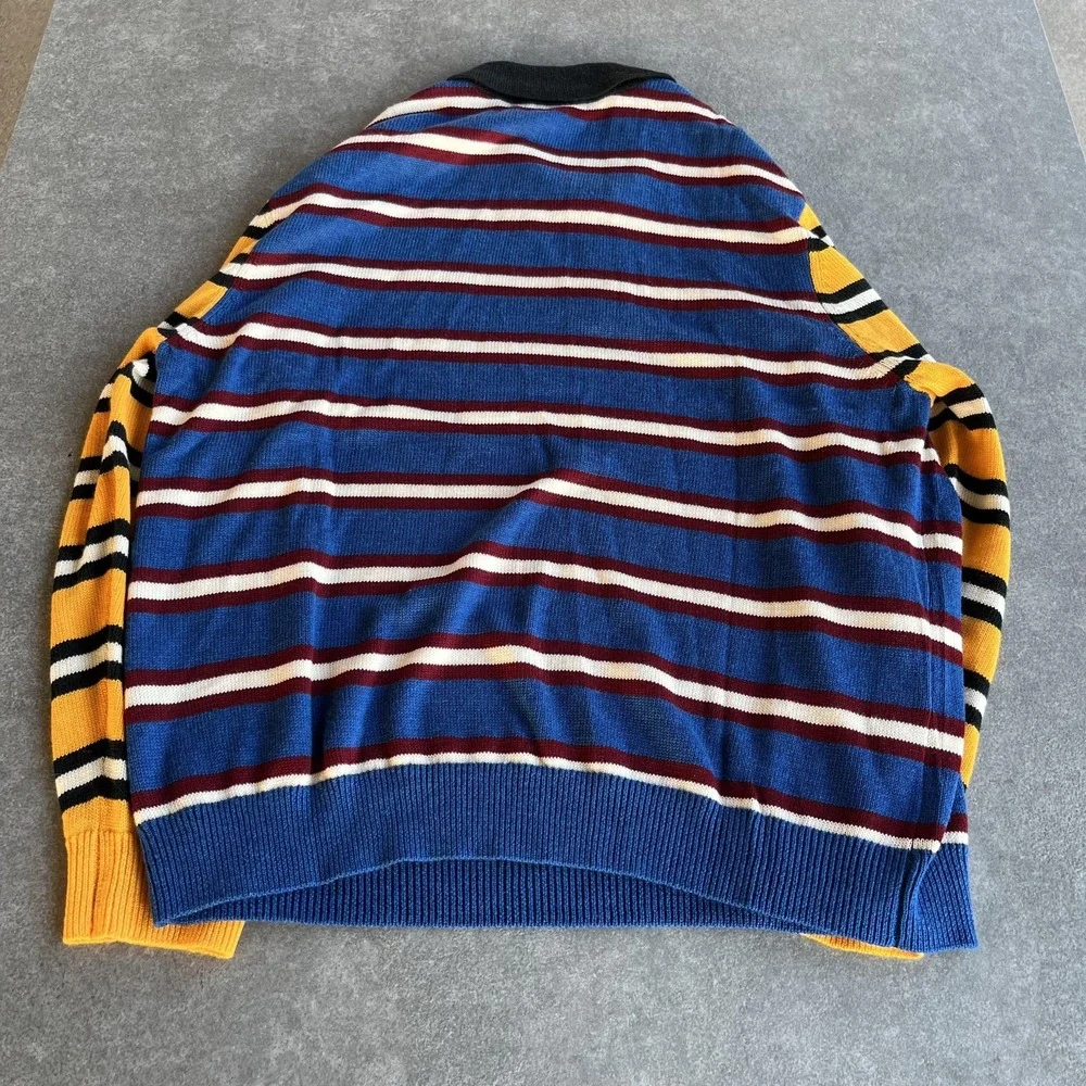 HOMME + FEMME Sweater Mens 2XL‎ Blue Yellow Striped Polo Collar Knit Logo Patch